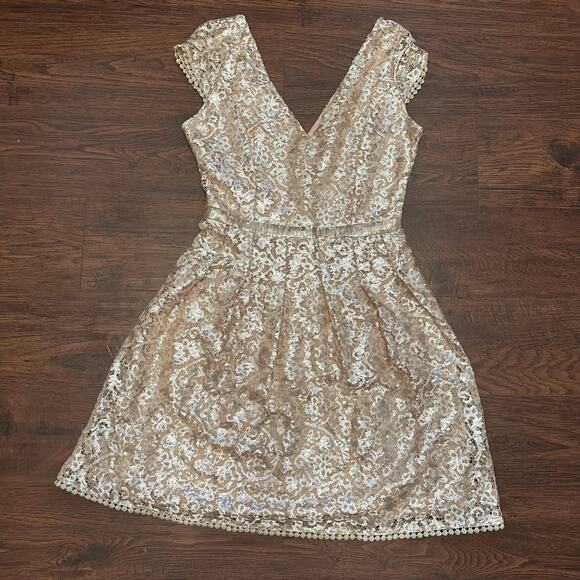 C. Luce Gold Champagne Sequin Mini Dress WMNS S Partywear V-neck Pleated Cap Sl - Picture 7 of 7